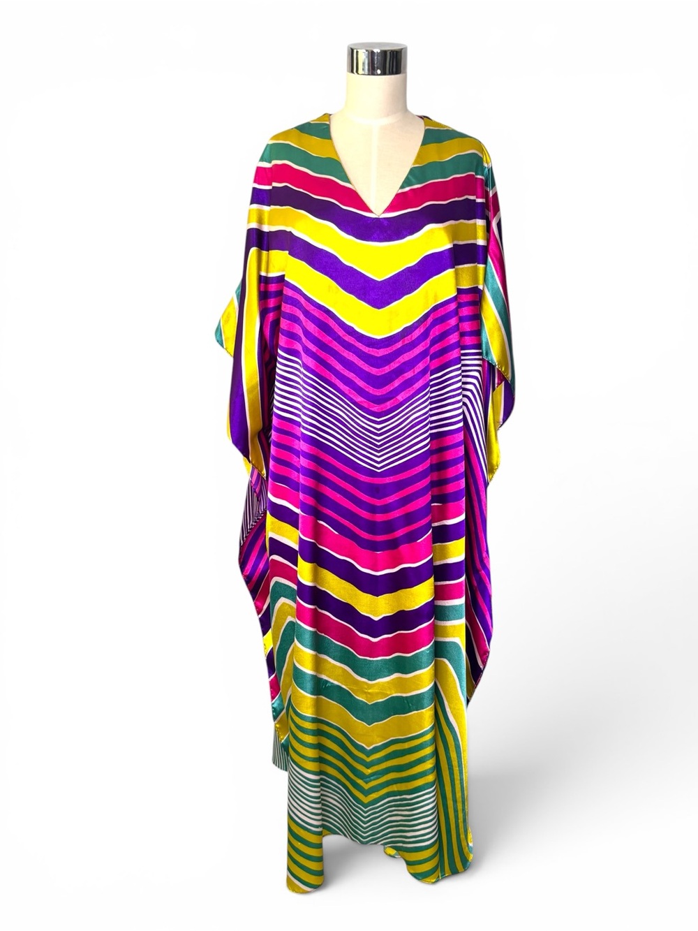 Vintage Vibrant Striped Bold Multicolor Satin Kaftan —Chevron Print